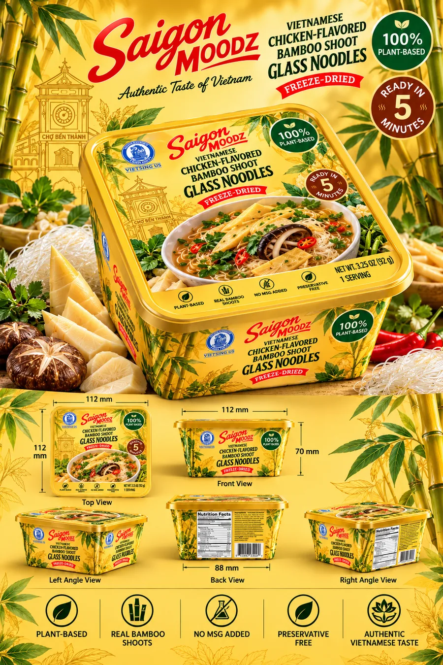 Golden-yellow bamboo shoot and chicken-flavored glass noodle square-tub packaging concept