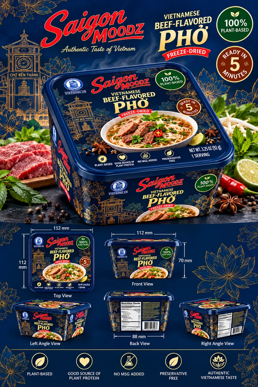 Navy-blue beef-flavored phở square-tub packaging concept, with food photography and golden Saigon line art