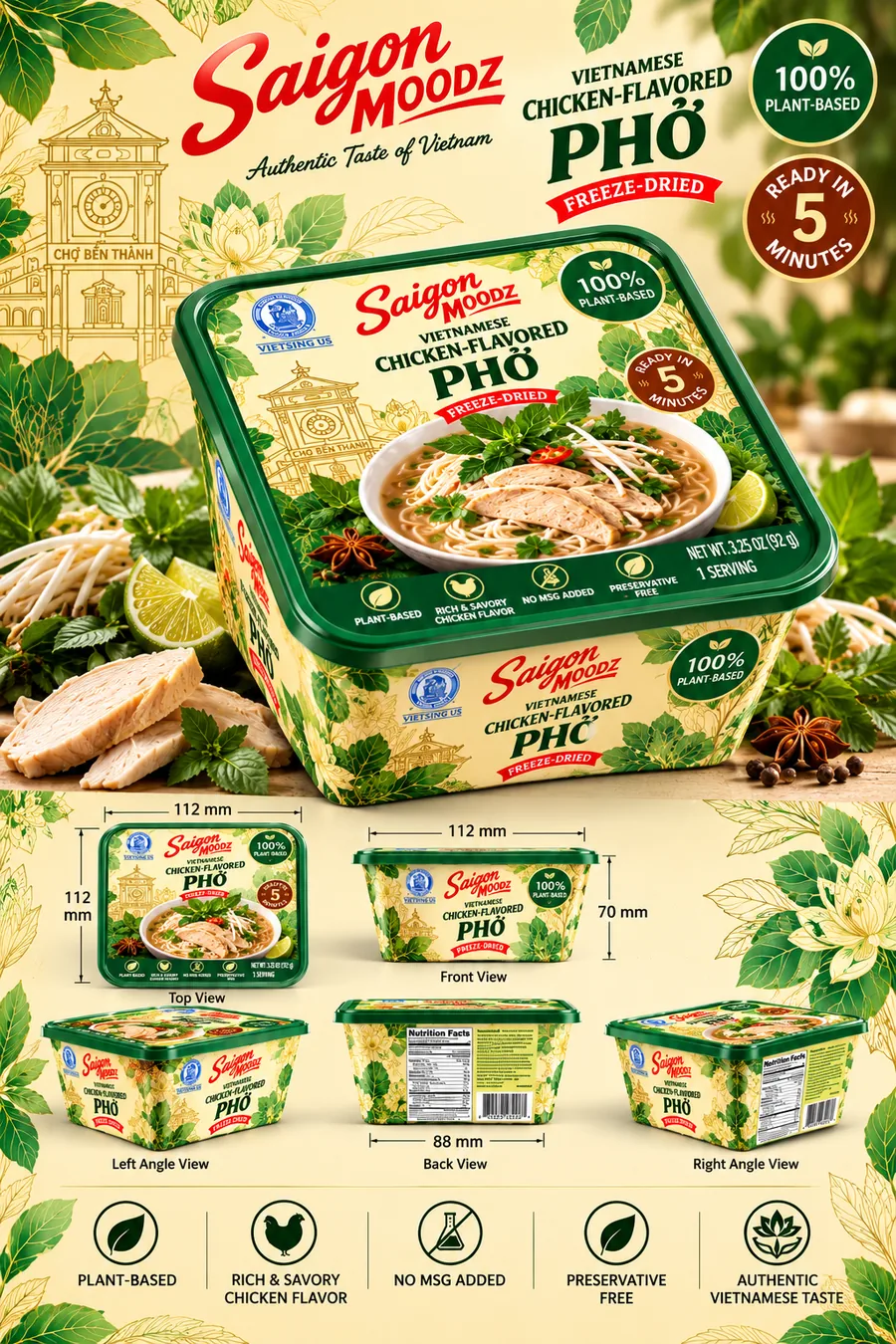 Cream and green chicken-flavored phở square-tub packaging concept with herbs and botanical artwork