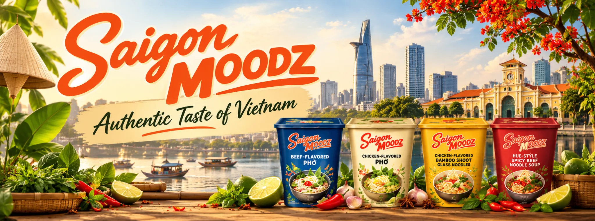 Saigon Moodz brand banner with four square noodle tubs in navy, cream-green, gold, and red, overlooking the Ho Chi Minh City skyline