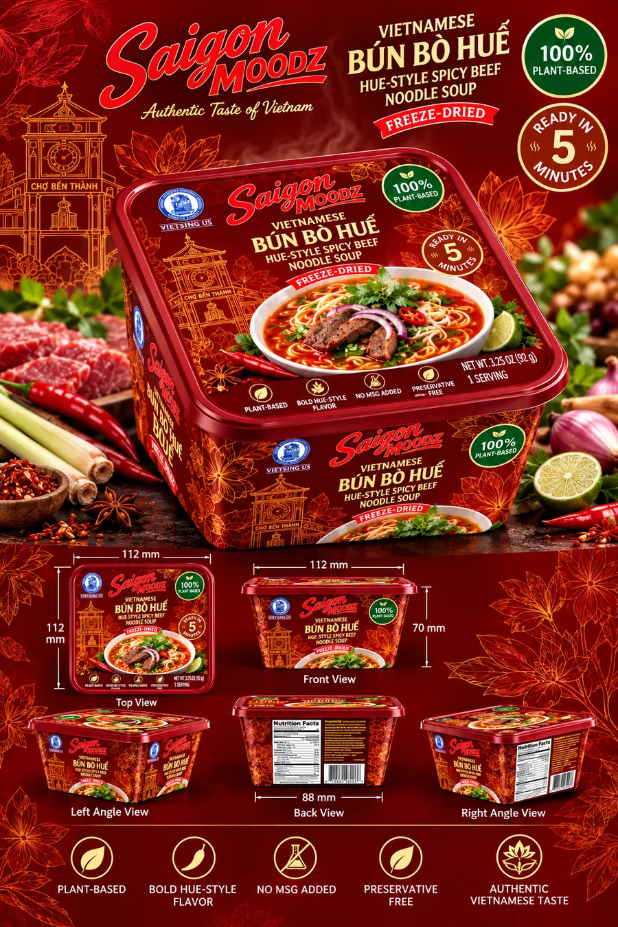 Deep-red Hue-style spicy beef noodle soup, bún bò Huế, square-tub packaging concept
